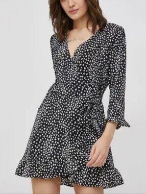 Brave Soul Black & White Polka Dot Wrap Mini Dress Size M